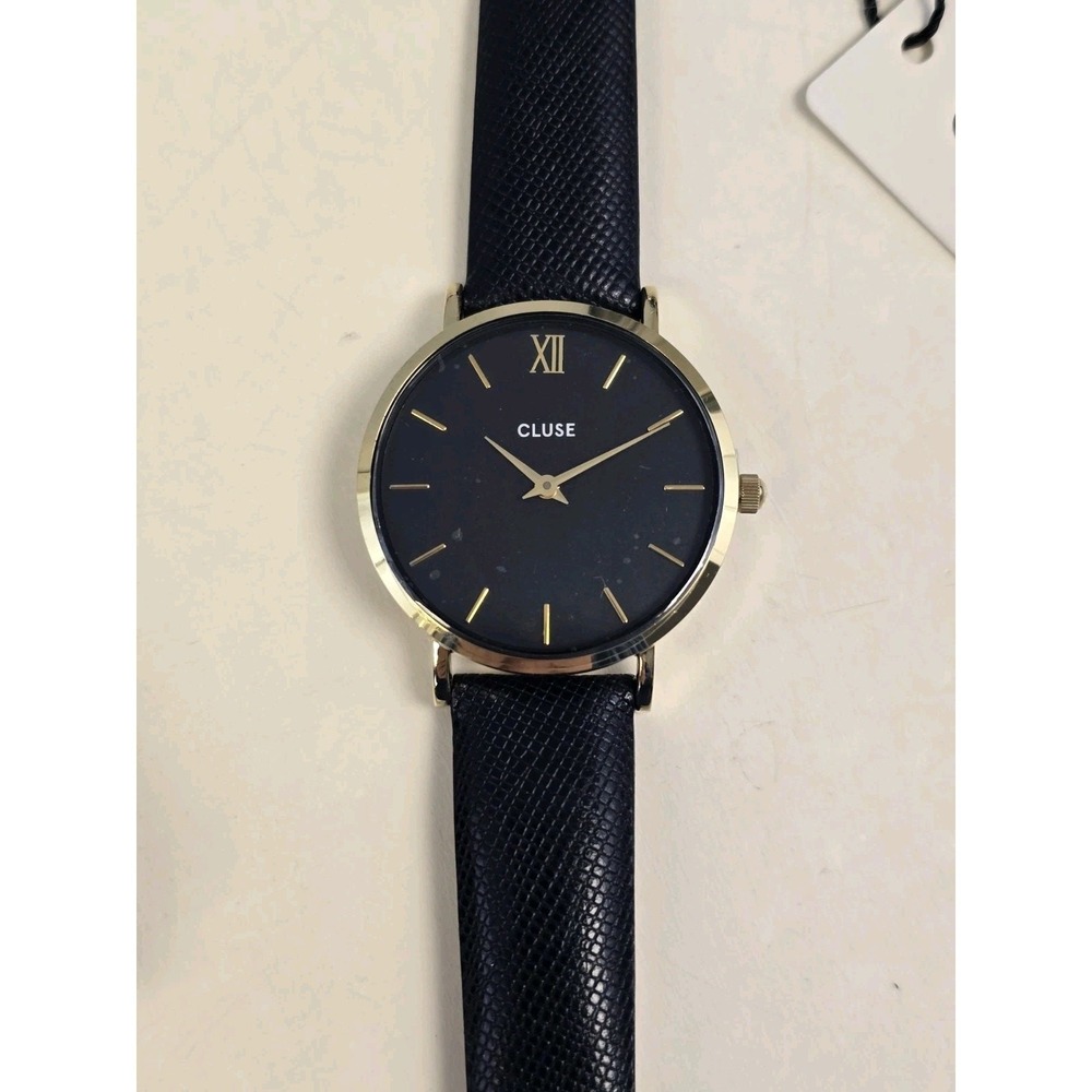 CLUSE Women's Quartz Watch Minuit Black Leather Strap Gold Case Black Dial NWT‎